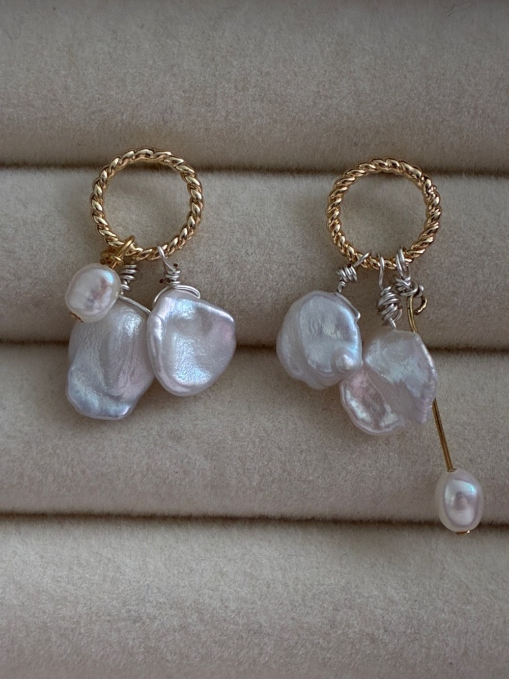 Gold Hoop Earrings with White Baroque Pearl Drops